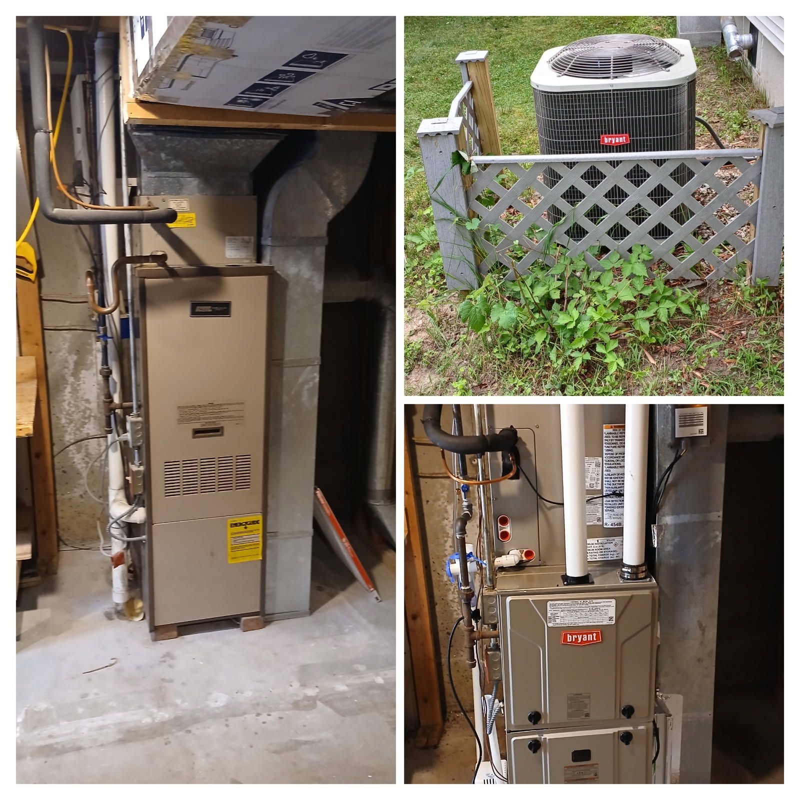 A Bryant HVAC system, with indoor furnace, outdoor unit, and associated plumbing in a basement setting.