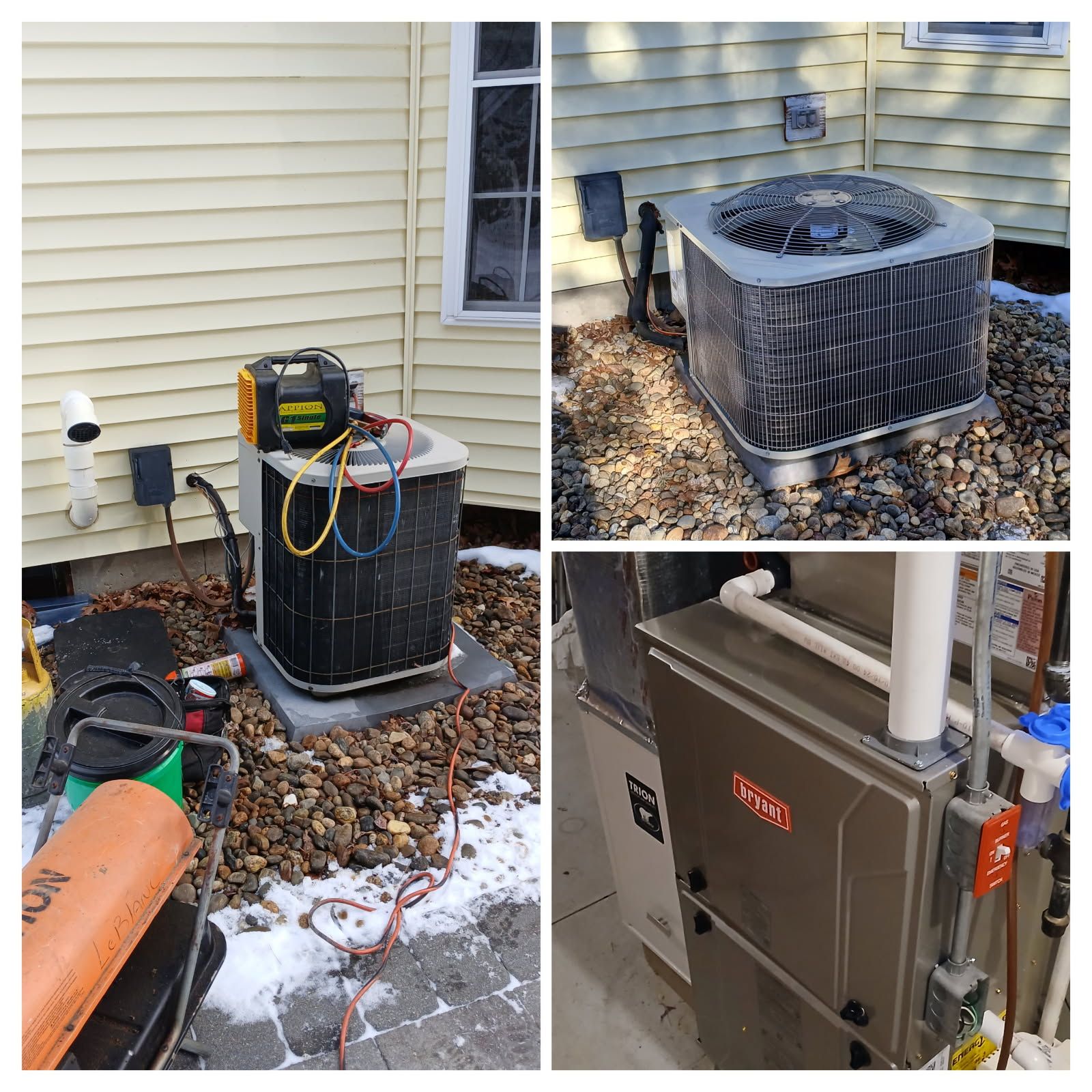 Four-panel collage showing an air conditioning unit outside and the furnace inside a building; including tools and hoses.