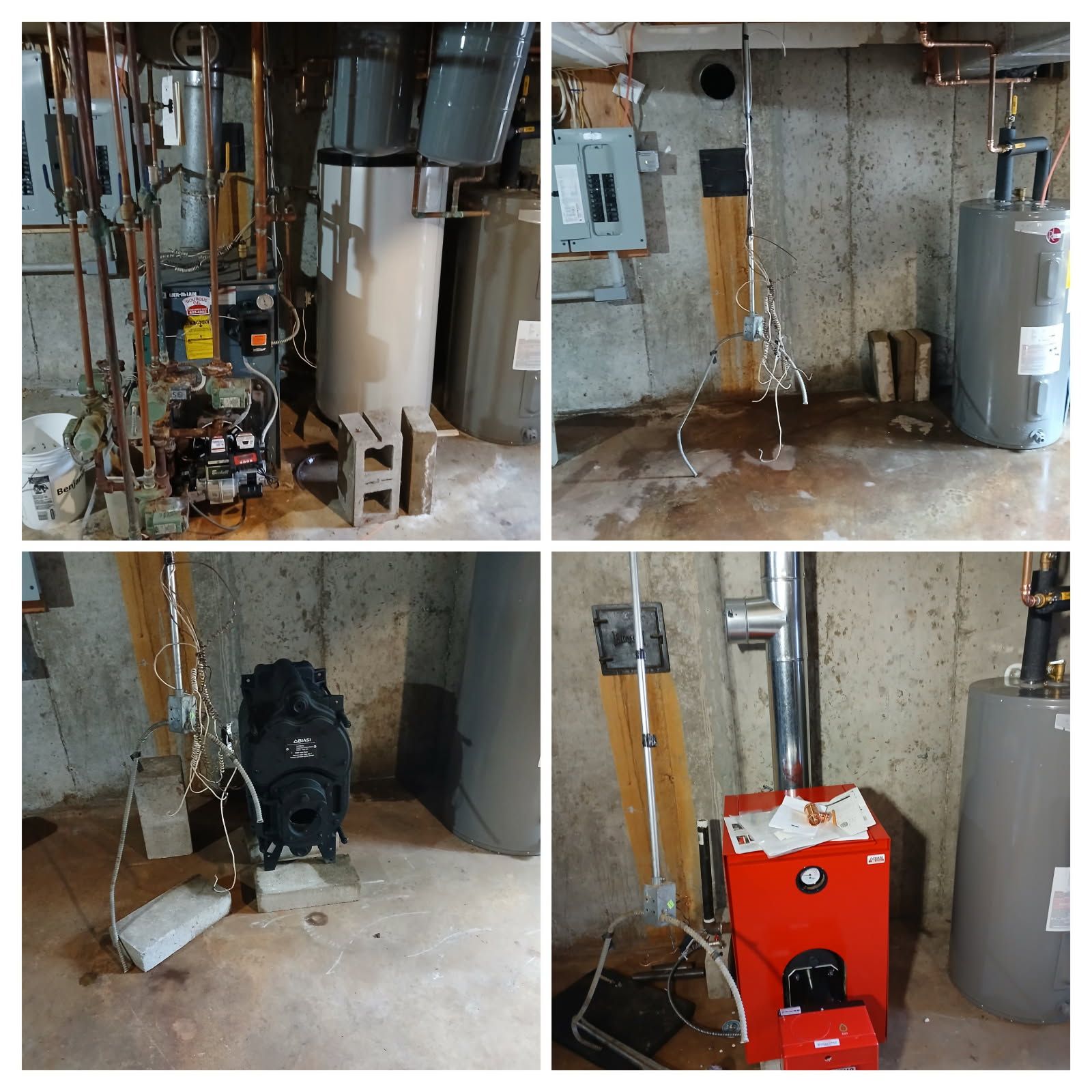 A basement with several pieces of mechanical equipment, including a boiler and water heater, with water staining the concrete floor and walls.