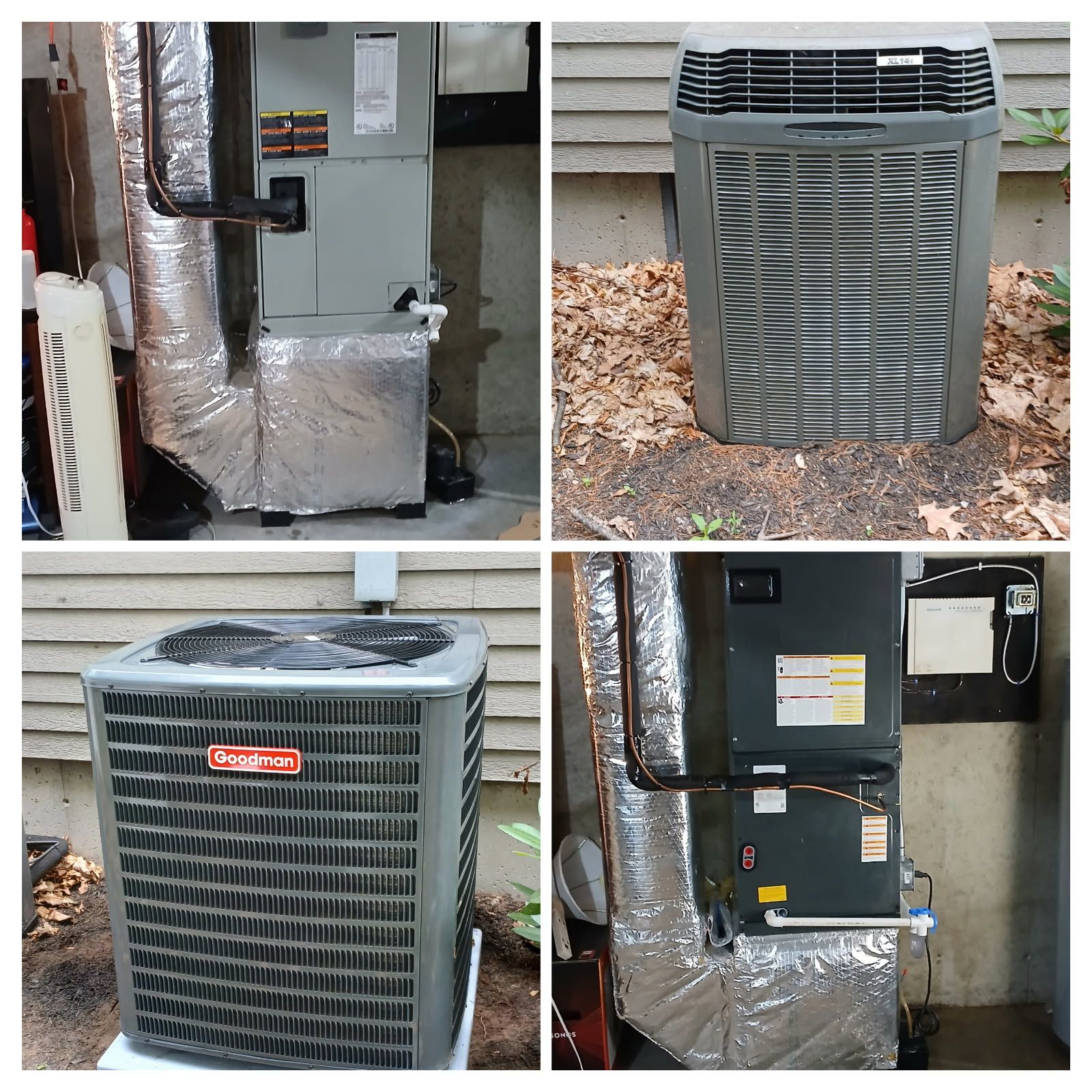 Four HVAC system components: an indoor furnace and three outdoor condenser units.