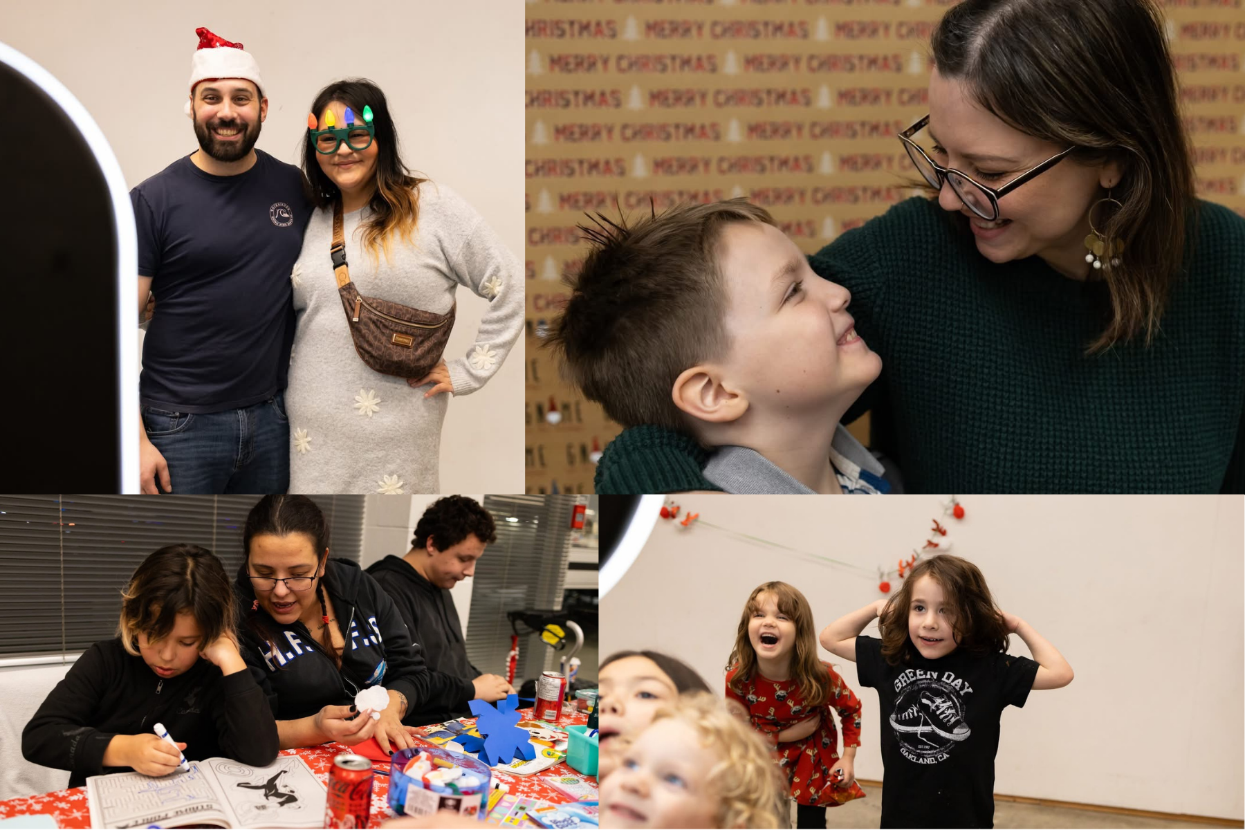 Four photos: People celebrating holidays, making crafts, and interacting joyfully.
