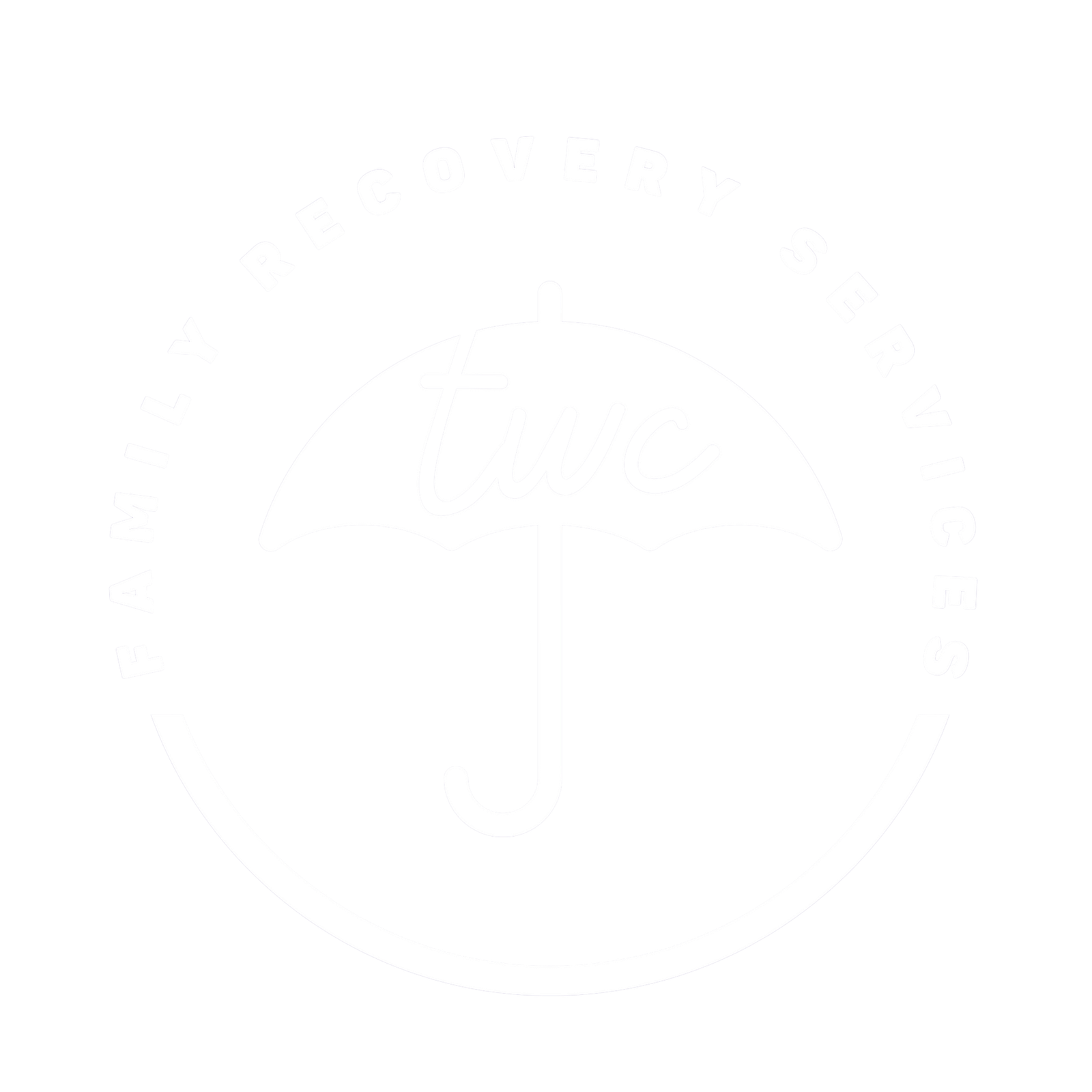 White emblem with a central umbrella design, surrounded by text and a circle outline.