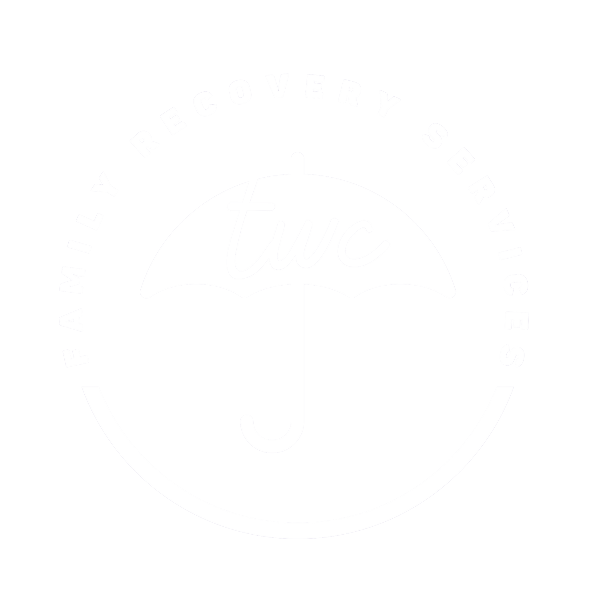 White emblem with a central umbrella design, surrounded by text and a circle outline.