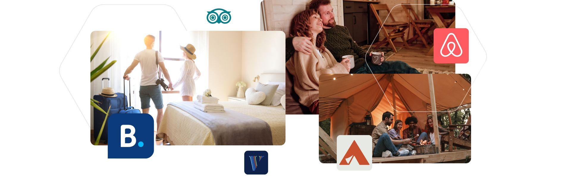 A collage of pictures of people in their accommodations, with logos for Tripadvisor, Hipcamp, Vrbo, and Booking.com.