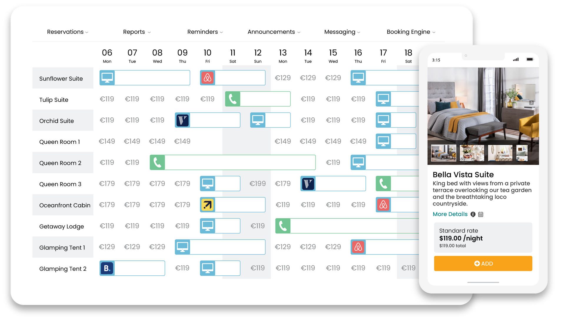 A reservation calendar showing a variety of units and bookings and a mobile phone showing a booking engine with a bedroom.