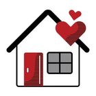 White house with red door and hearts, window, black roof.