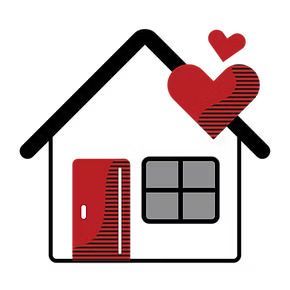 White house with red door and hearts, window, black roof.