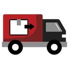 Red and black delivery truck with an open box and a package being delivered.