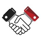 Two hands shaking, black and red suit cuffs, representing a deal or agreement.