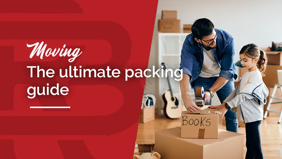 Father and child packing books into a box during a move; red background with text.