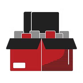 Red and black cardboard boxes filled with rectangular packages.