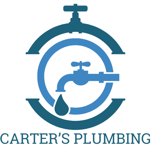 Carter's Plumbing logo: blue faucet inside blue circle, drop of water below, dark blue arched top & bottom.
