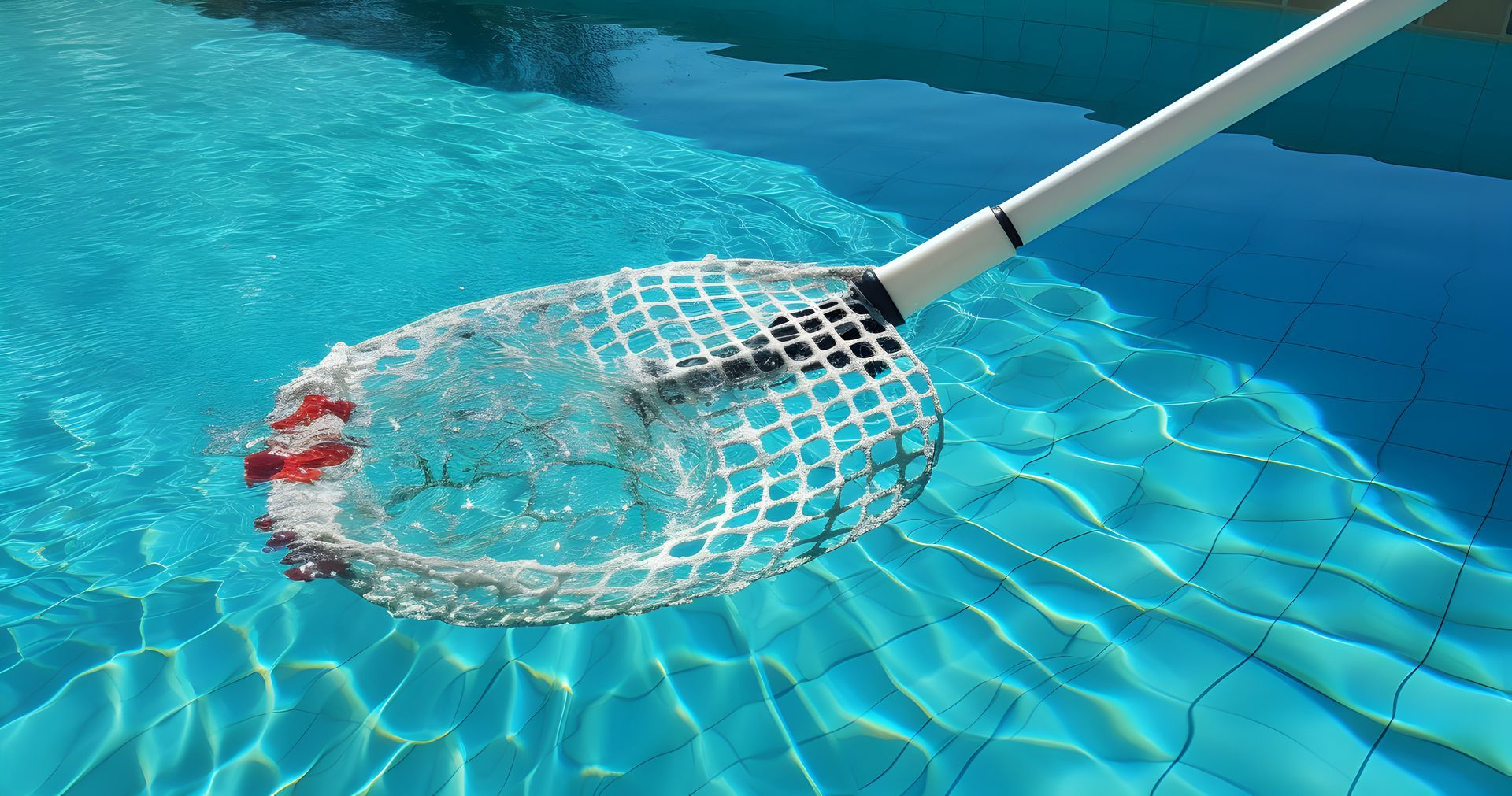 A net is being used to clean a swimming pool.