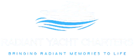 Logo for Radiant Yacht Charters with blue wave design and text.