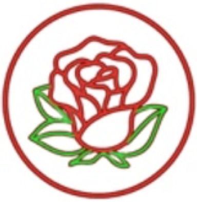 Red rose outline inside red circle, green leaves.