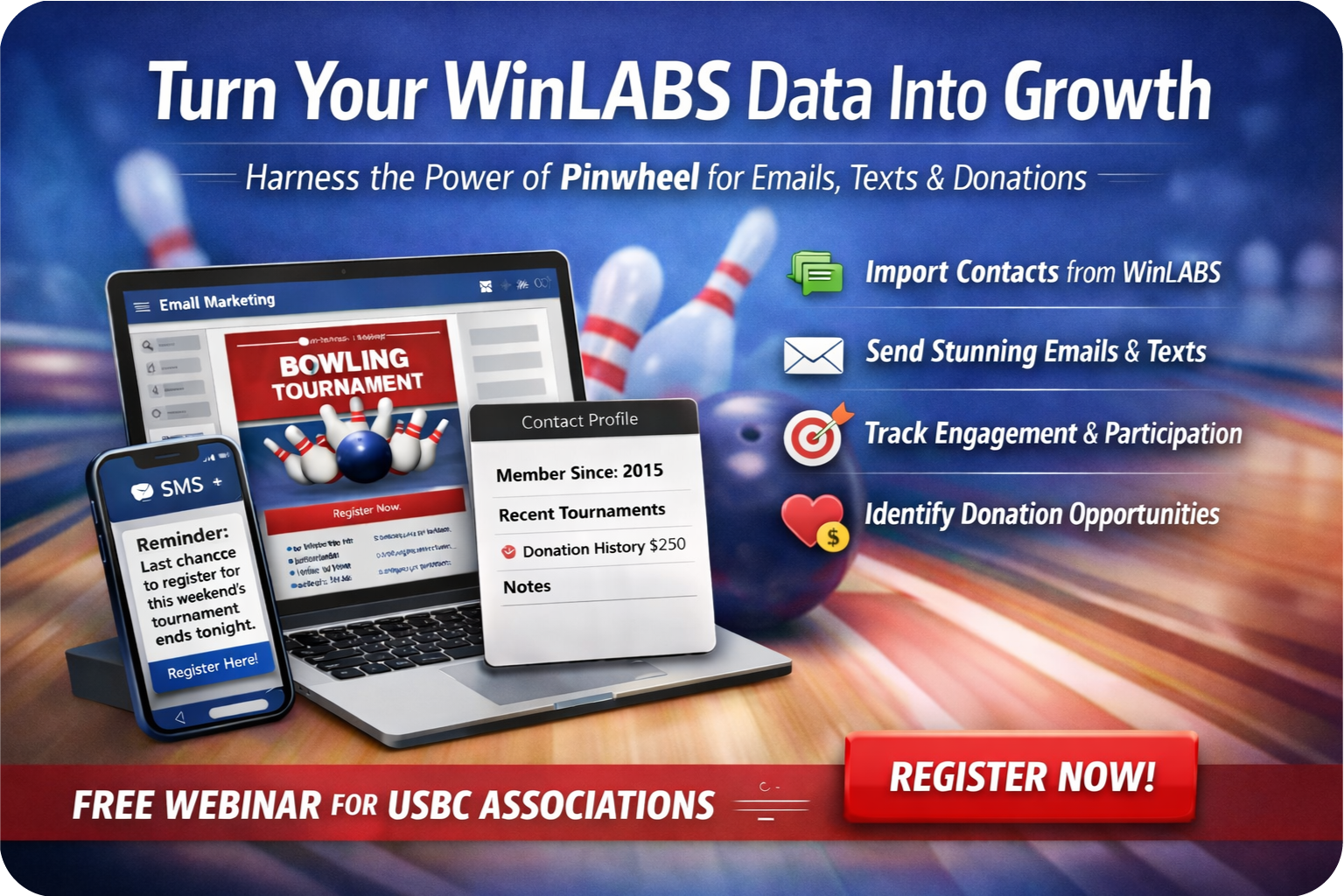 Webinar promo for USBC Associations showing a laptop and phone displaying bowling-themed marketing tools by Pinwheel.