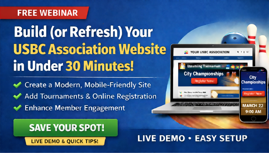 Webinar promo for USBC Associations showing a laptop and phone displaying bowling-themed marketing tools by Pinwheel.