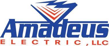Logo for Amadeus Electric, LLC. Blue text and logo with a red and white accent.