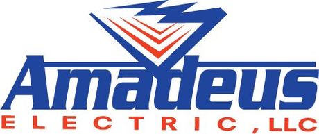 Logo for Amadeus Electric, LLC. Blue text and logo with a red and white accent.