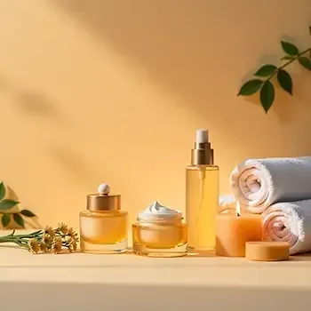 Spa skincare products with rolled white towels and green leaves on a warm beige background