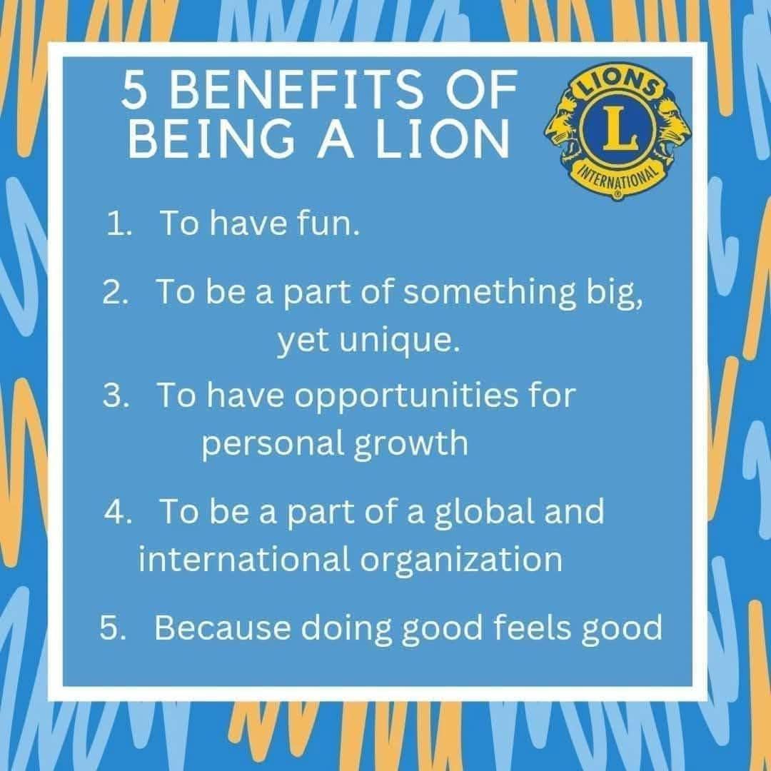 Infographic listing 5 benefits of joining Lions Club, on a blue and white background with the Lions Club logo.