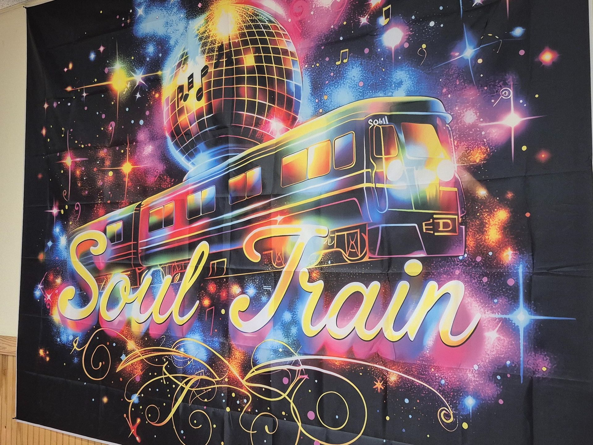 Soul Train tapestry with a train, disco ball, and colorful galaxy background.