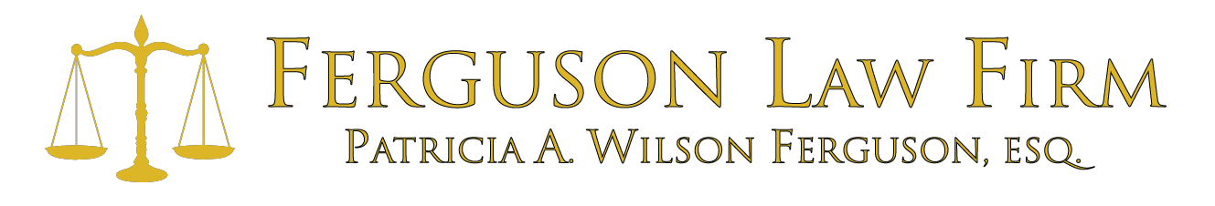 The logo for the ferguson law firm has a scale of justice on it