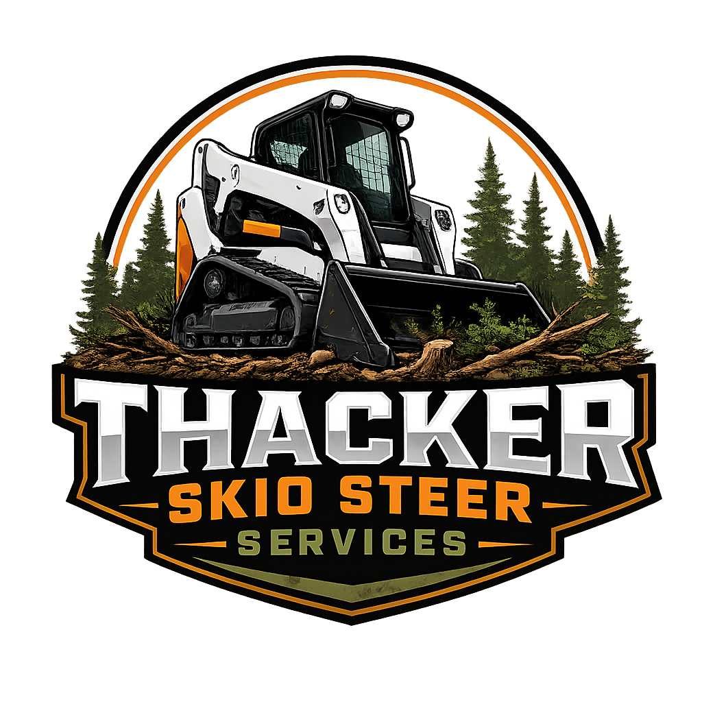 Thacker Skid Steer Services logo with a skid steer on a black-and-orange badge, pine trees behind it