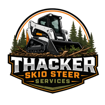 Thacker Skid Steer Services logo with a skid steer on a black-and-orange badge, pine trees behind it
