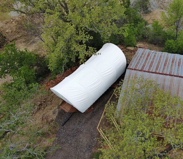 drone top down view of covered wagon