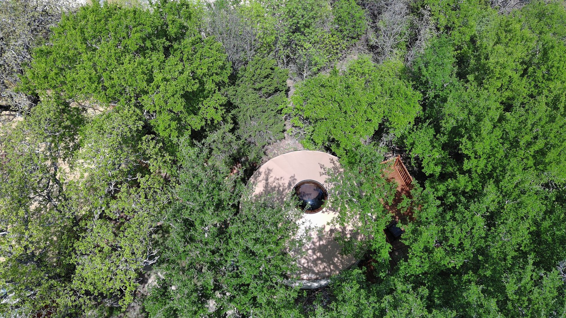 an aerial view of a tent in the middle of a forest .
