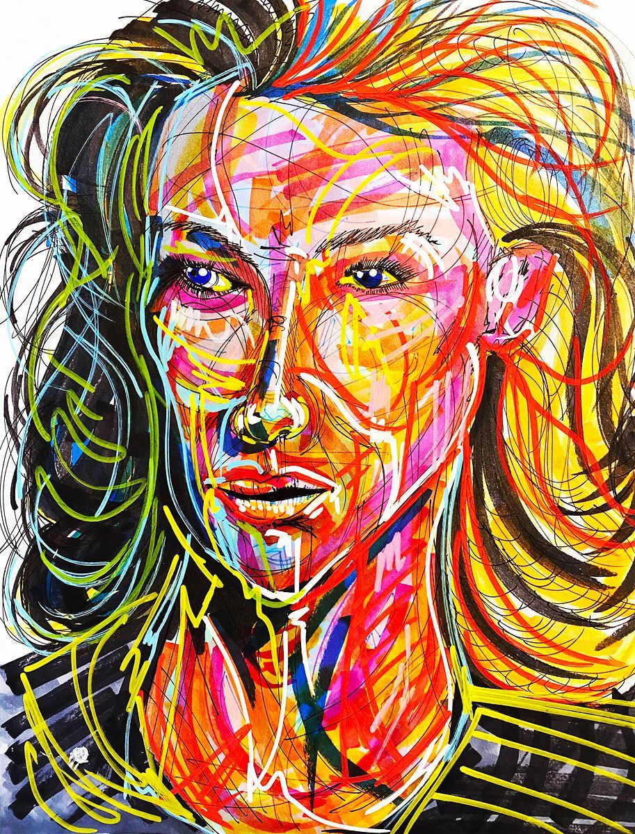 A colorful painting of a woman 's face with long hair. Art by David R. Judkins