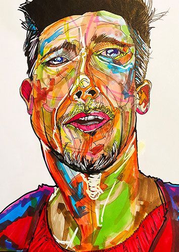 It is a colorful painting of a man with a beard. Art by David R. Judkins