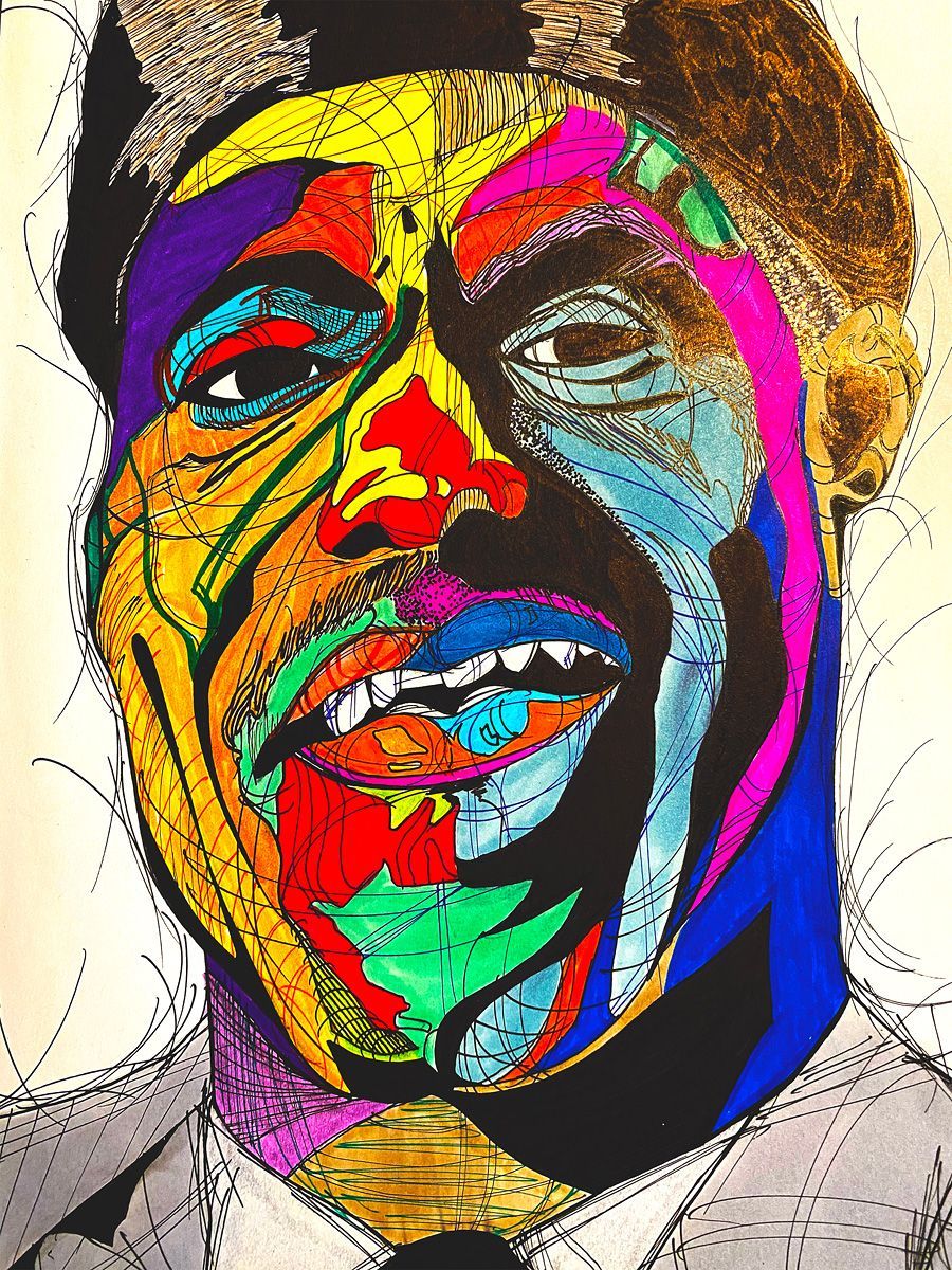 A painting of a man 's face with many different colors Art by David R. Judkins