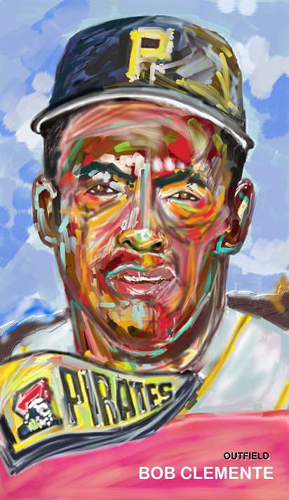 A colorful painting of bob clemente , a baseball player for the pirates. Art by David R. Judkins