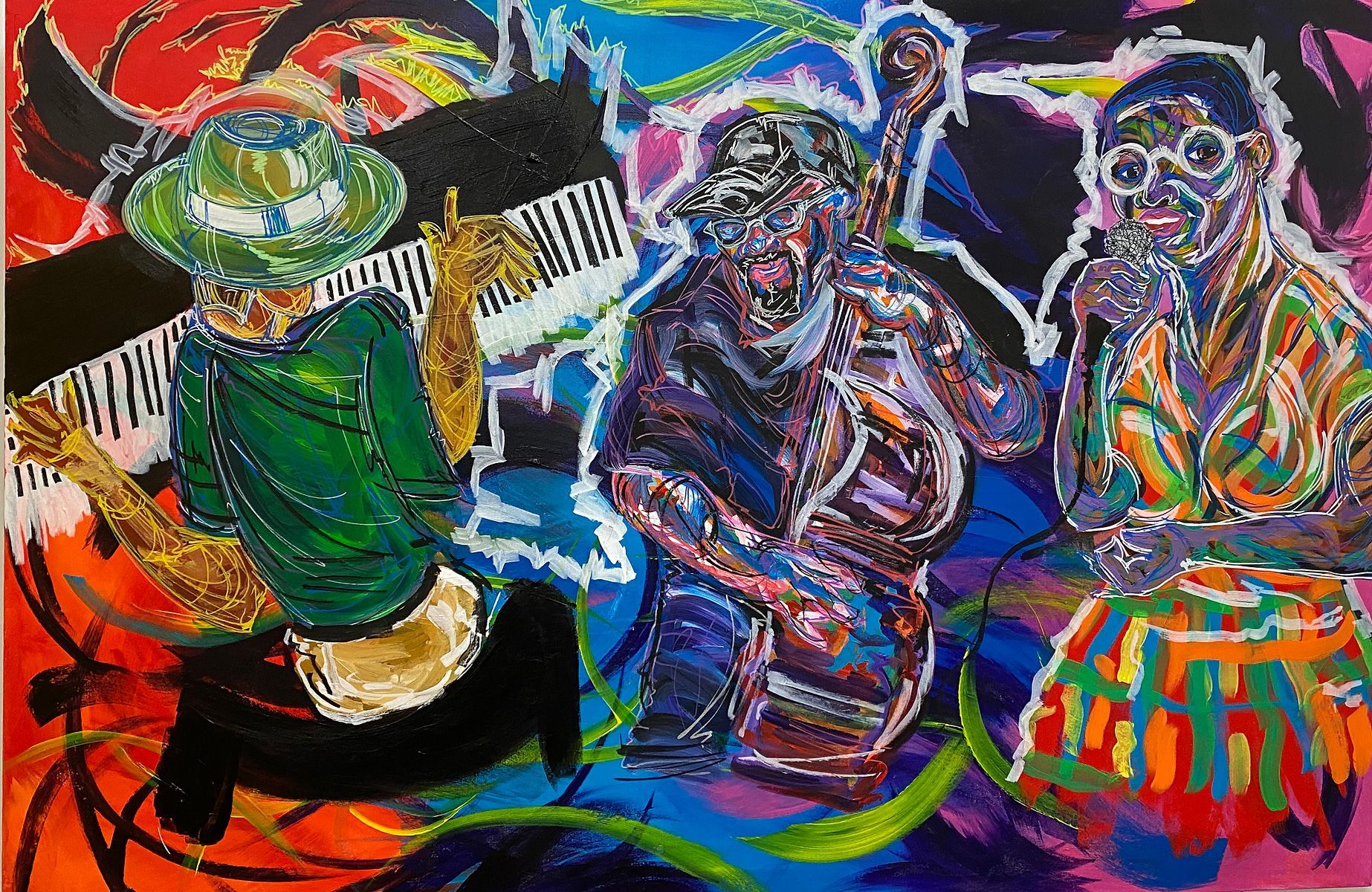 A colorful painting of a group of people playing instruments. Art by David R. Judkins