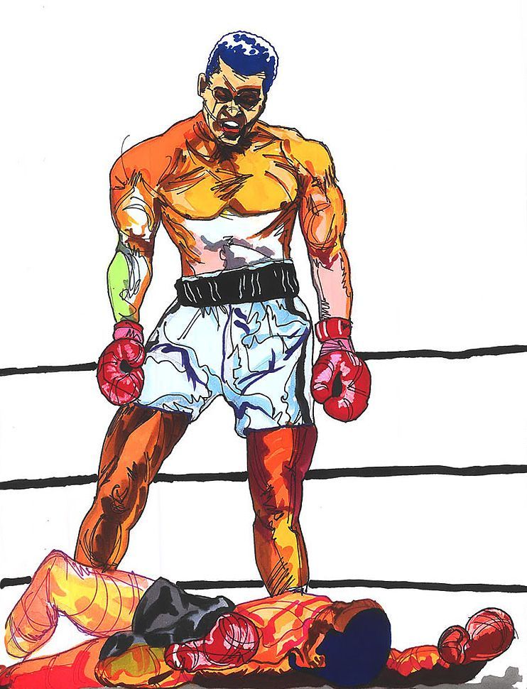 A man in boxing gloves is standing next to a man laying on the ground. Art by David R. Judkins