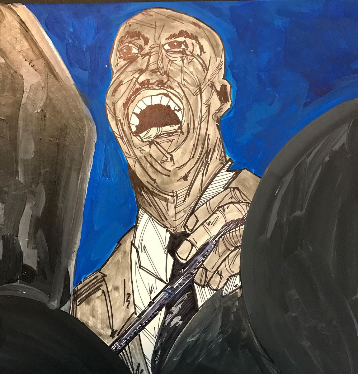 A painting of a man in a suit and tie with his mouth open. Art by David R. Judkins