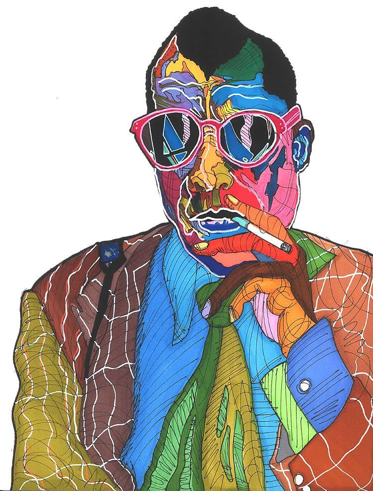 A colorful illustration of James Baldwin holding a cigarette. Art by David R. Judkins.