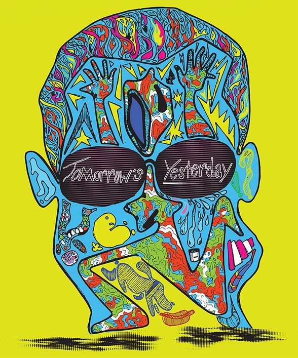 A colorful drawing of a man wearing sunglasses on a yellow background. Art by David R. Judkins