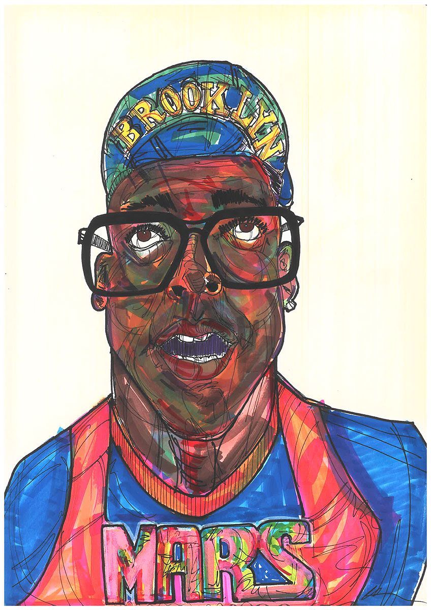 A painting of a man wearing glasses and a hat with the word mars on it. Art by David R. Judkins