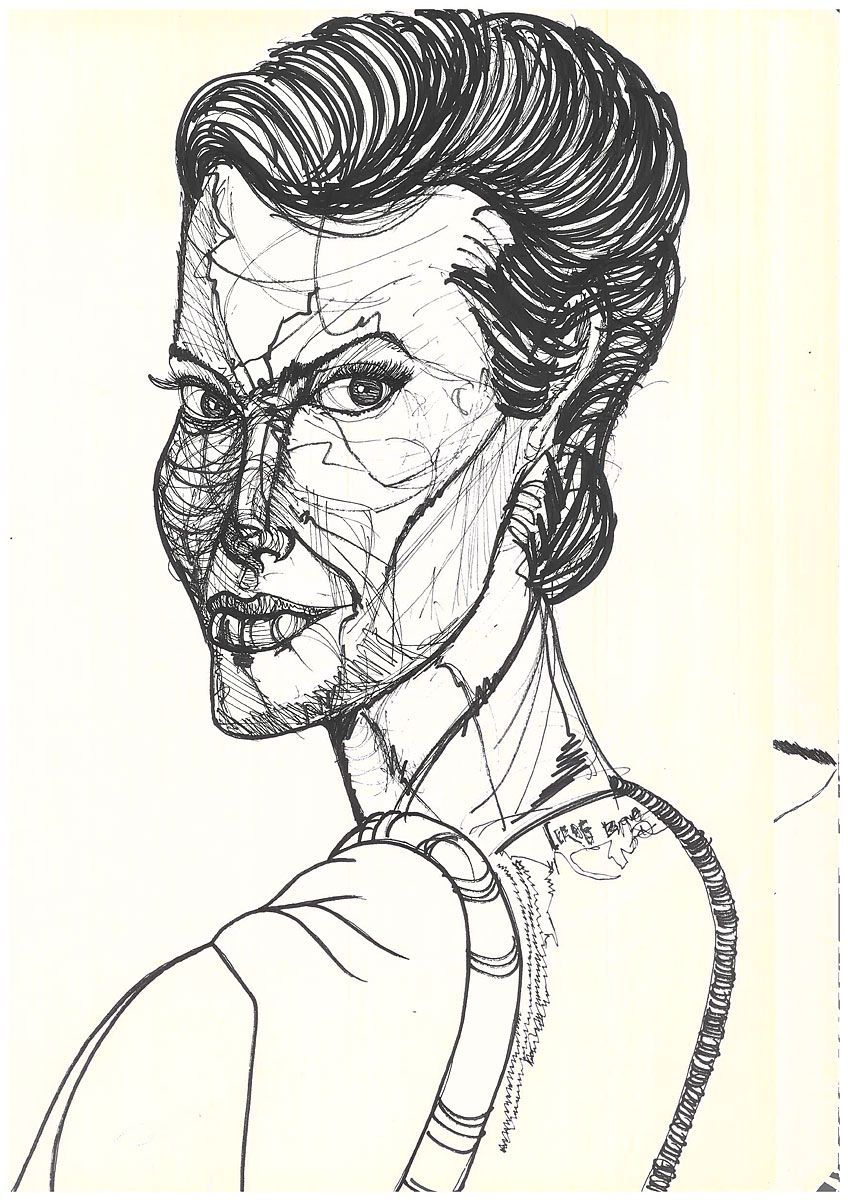 A black and white drawing of a woman 's face and neck. Art by David R. Judkins