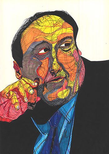 A colorful painting of a man in a suit and tie. Art by David R. Judkins