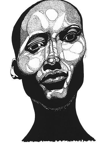 A black and white drawing of a man 's face on a white background. Art by David R. Judkins