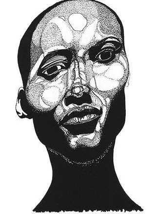 A black and white drawing of a man 's face on a white background. Art by David R. Judkins