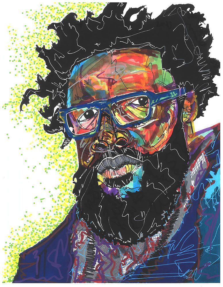 A colorful painting of a man with glasses and a beard. Art by David R. Judkins