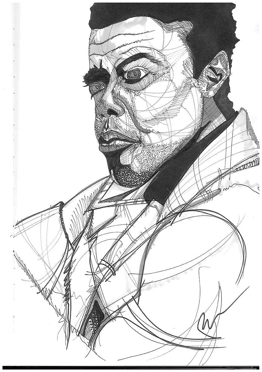 A black and white drawing of a man with a beard. Art by David R. Judkins