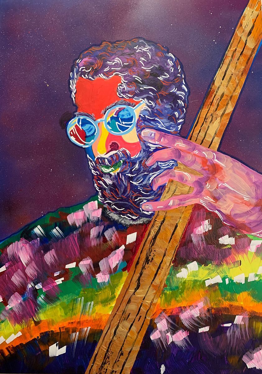 A colorful painting of a man with glasses and a beard. Art by David R. Judkins