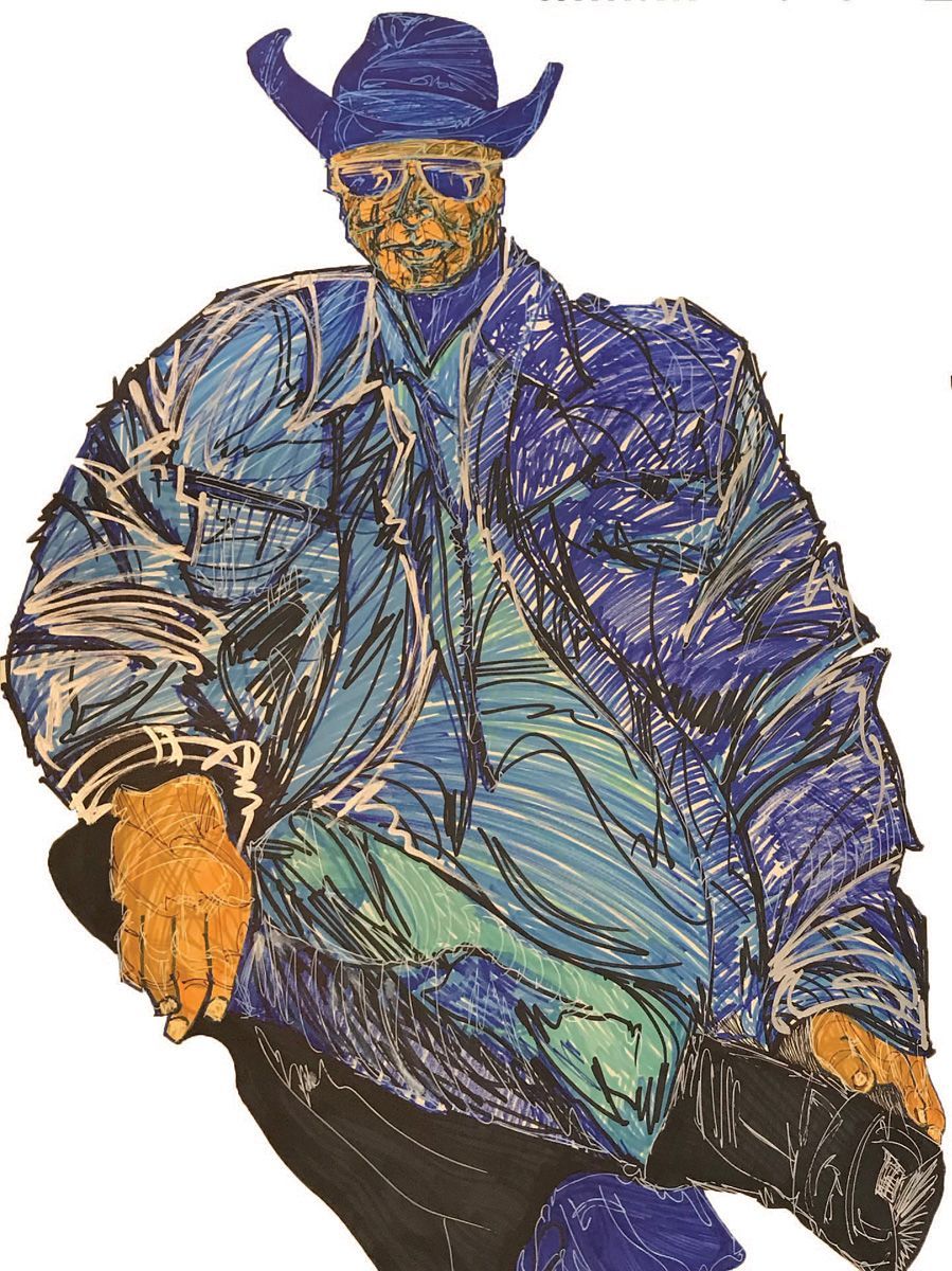 A drawing of a man wearing a cowboy hat and sunglasses. Art by David R. Judkins