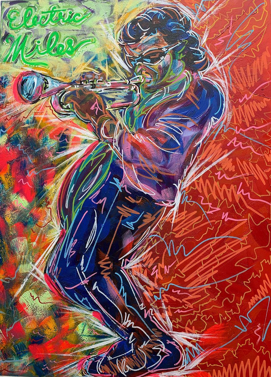 A colorful painting of a man playing a trumpet. Art by David R. Judkins